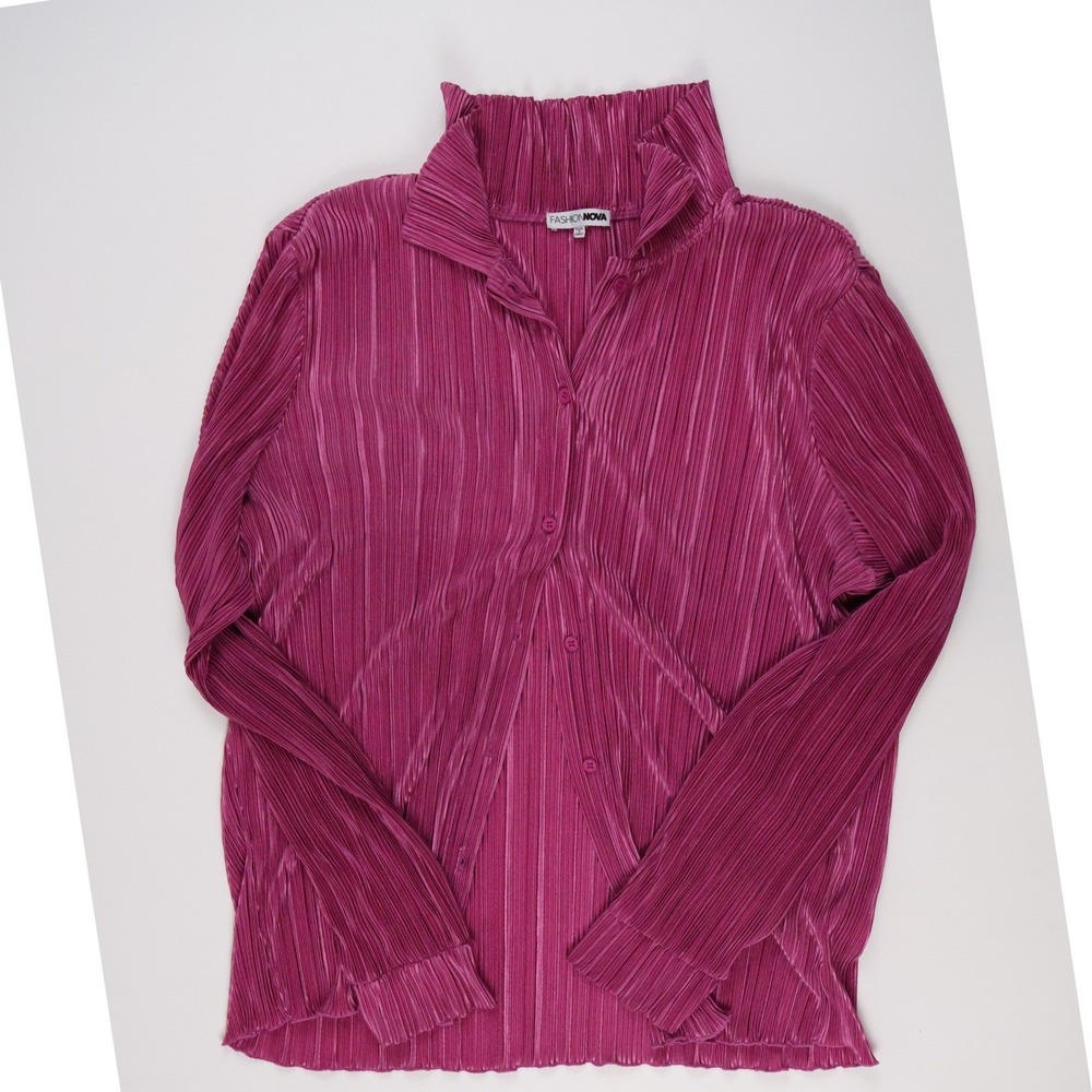 Fashion Nova Blouse Plisse Button Down Magenta Pink Large TP8393
